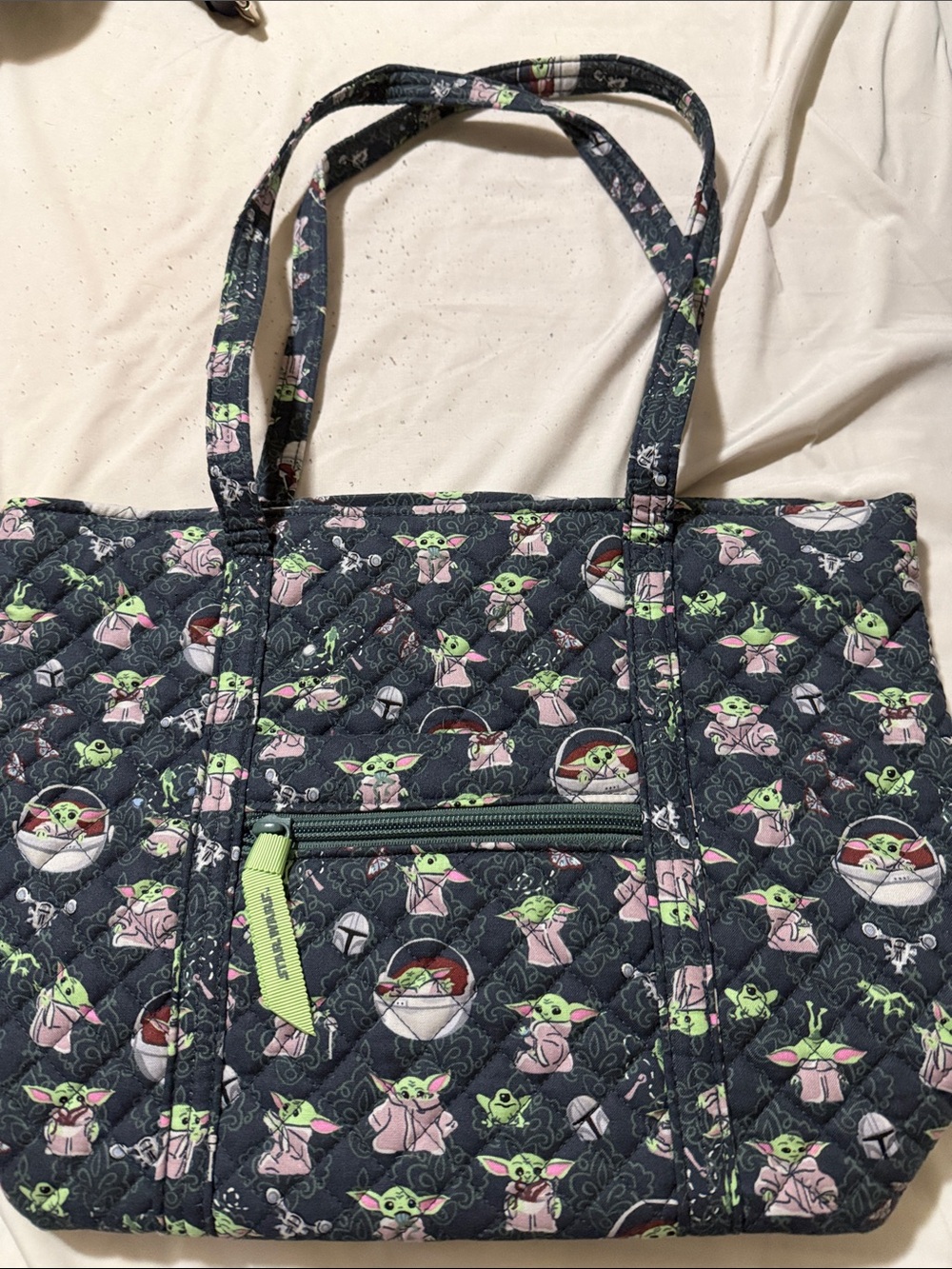Vera Bradley Quilted Tote with Baby Yoda Print - Black with Green & Pink